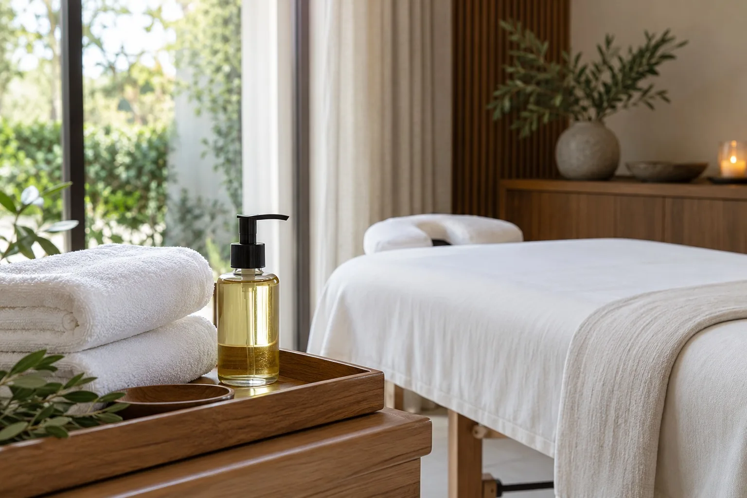 Gefaltete Handtücher und unbeschrifteter Ölspender neben einer Massageliege
